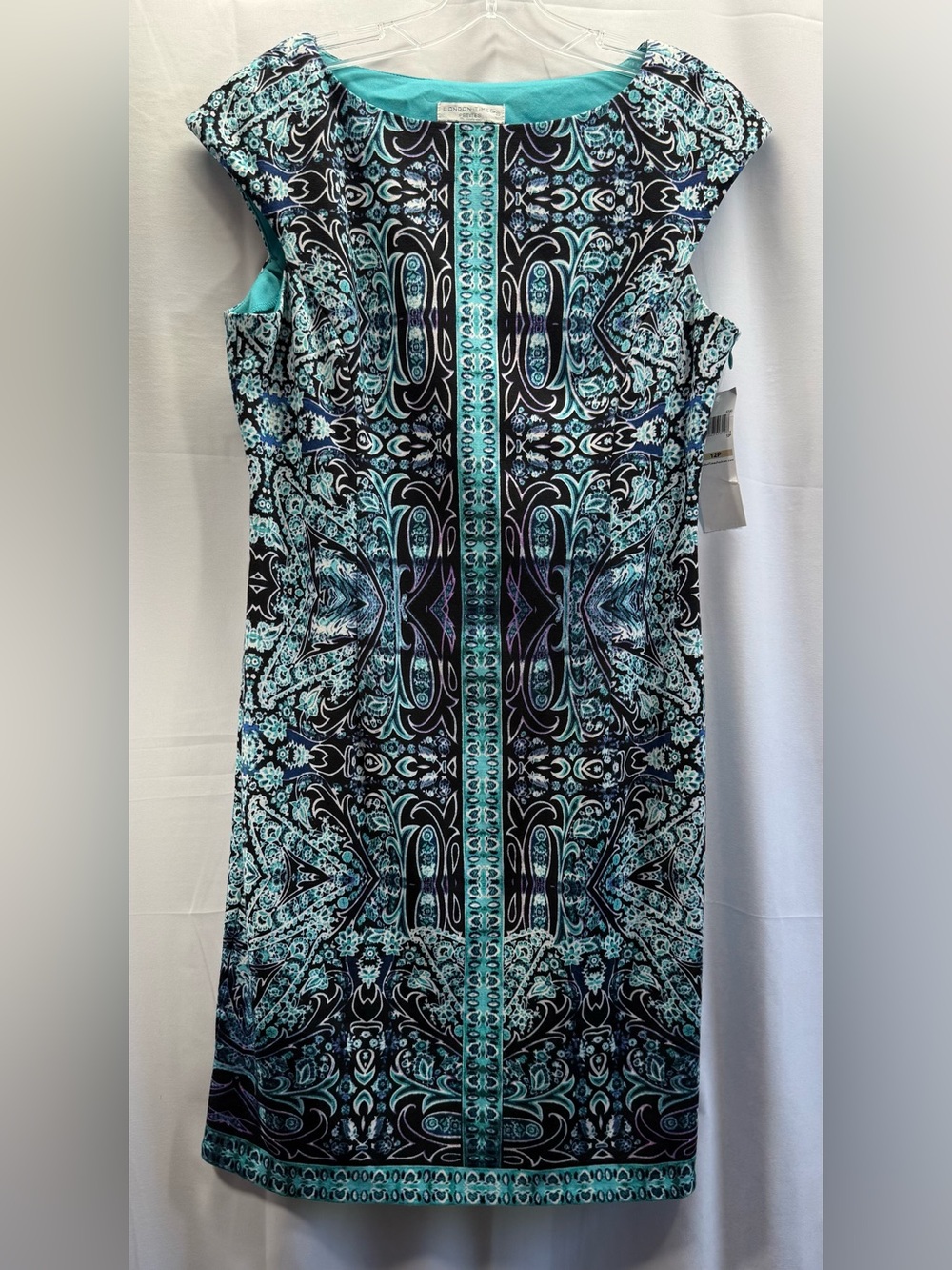 London Times Turquoise & Black Patterned Cap-Sleeve Sheath Dress Size 12P